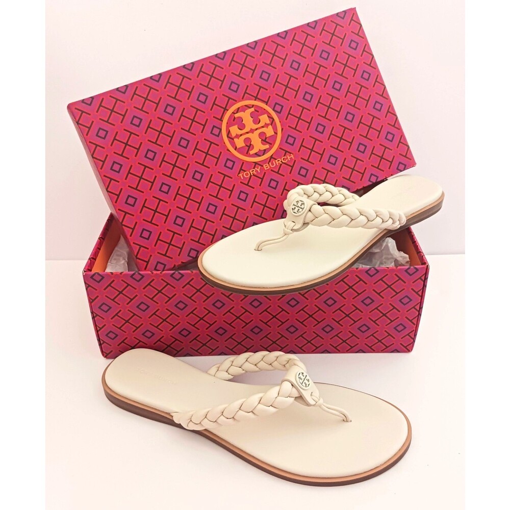 NIB Tory Burch Braided Benton Thong Sandal New Ivory Nappa Leather Logo Sz 10